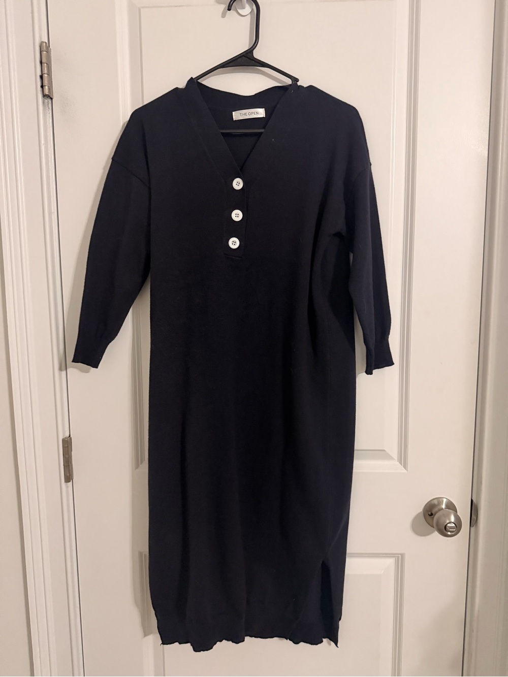 VINTAGE-The Open-Edit Black Knit Button-Front Midi Dress-L